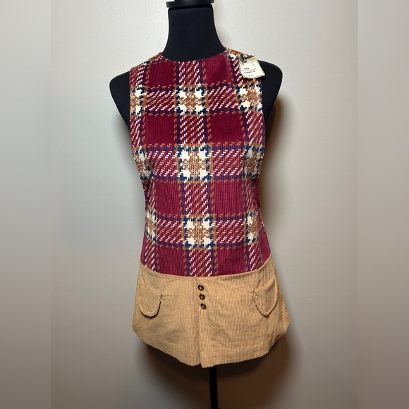 Vintage Dresses & Skirts - Vintage 70s Plaid Corduroy Jumper Dress Mod Patchwork Mini Deadstock